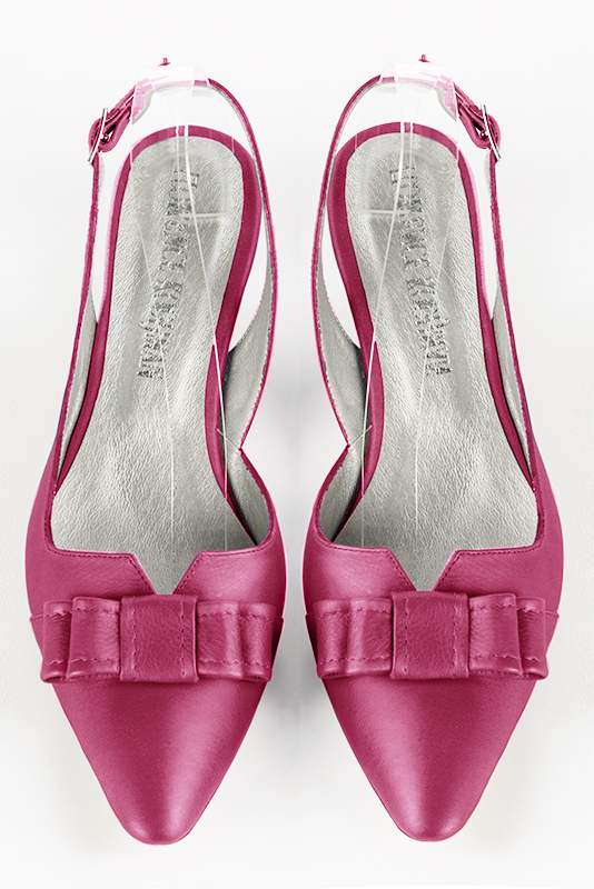 Fuschia pink women's open back shoes, with a knot. Tapered toe. Low wedge heels. Top view - Florence KOOIJMAN